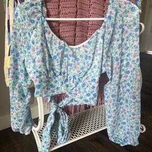 Japna Blue Long Sleeve Crop Blouse with Tie